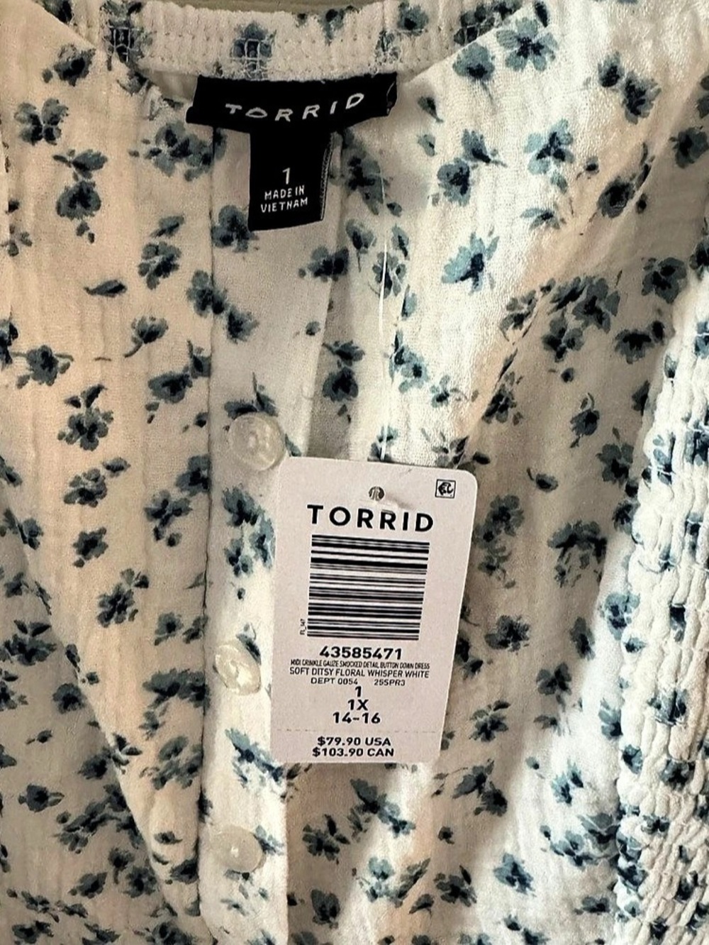 Torrid Midi Crinkle Gauze Smocked Detail Button Down Dress White & Blue XL